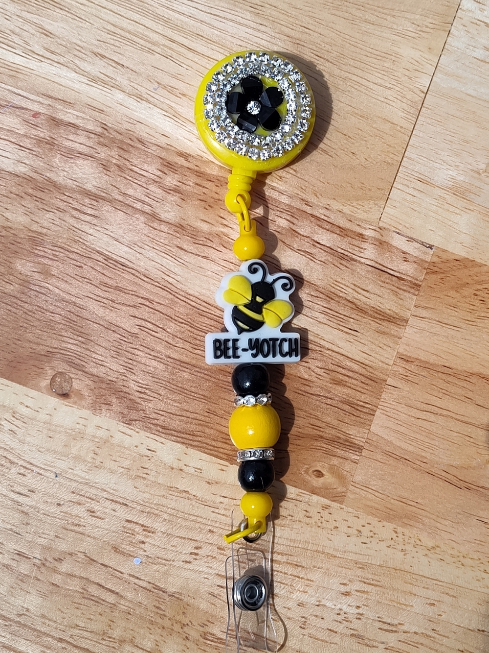 Bee-Yotch Yellow & Black Beaded Badge Reel With Rhinestone Accents
